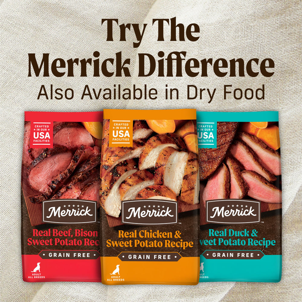 Merrick pack of 12 cans 12.7 oz ready for routine meals.