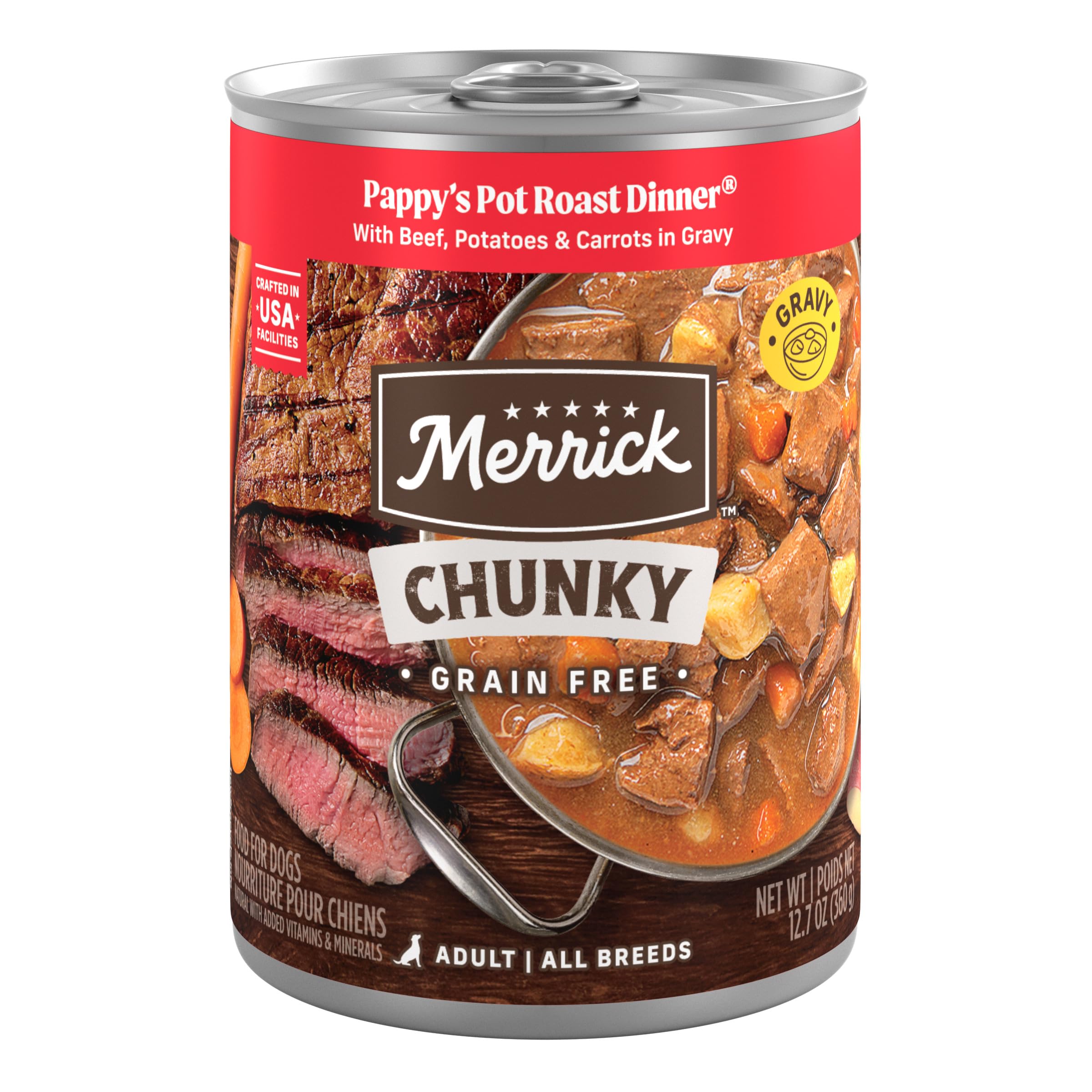 Merrick Pappy’s Pot Roast Dinner in Gravy bowl with real beef, ideal as a standalone meal