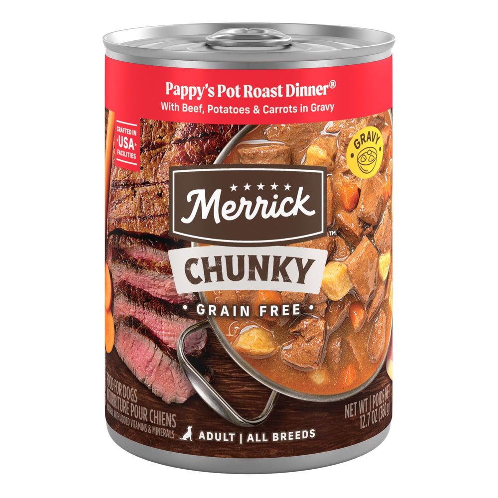Merrick Pappy’s Pot Roast Dinner in Gravy bowl with real beef, ideal as a standalone meal