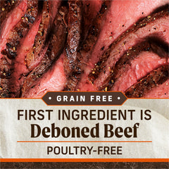 Merrick grain-free ingredients label highlights real deboned beef.
