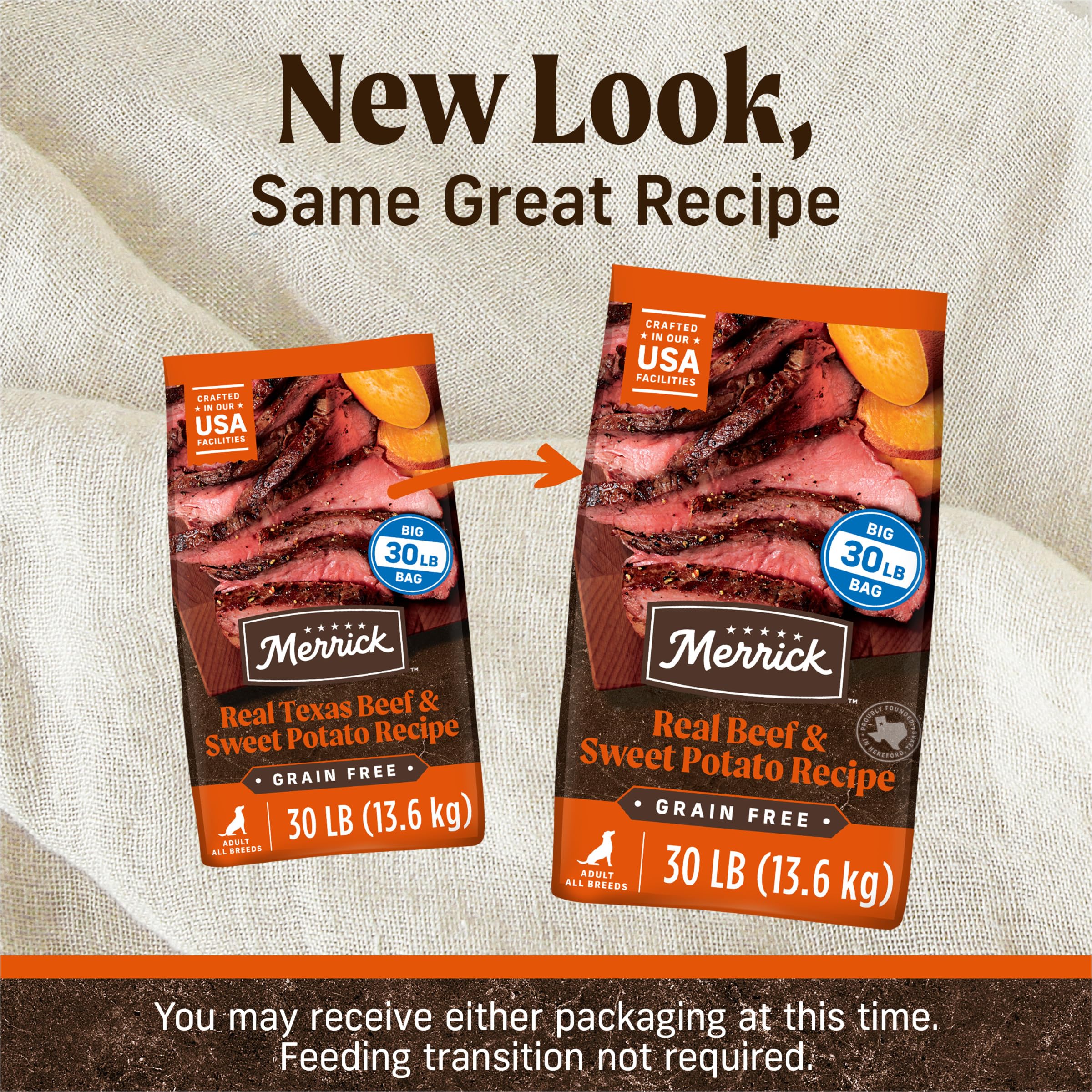 Merrick premium grain-free beef and potato kibble close-up.