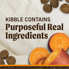 Merrick Premium Grain Free Dry Dog Food features chicken and sweet potato bites for natural protein.