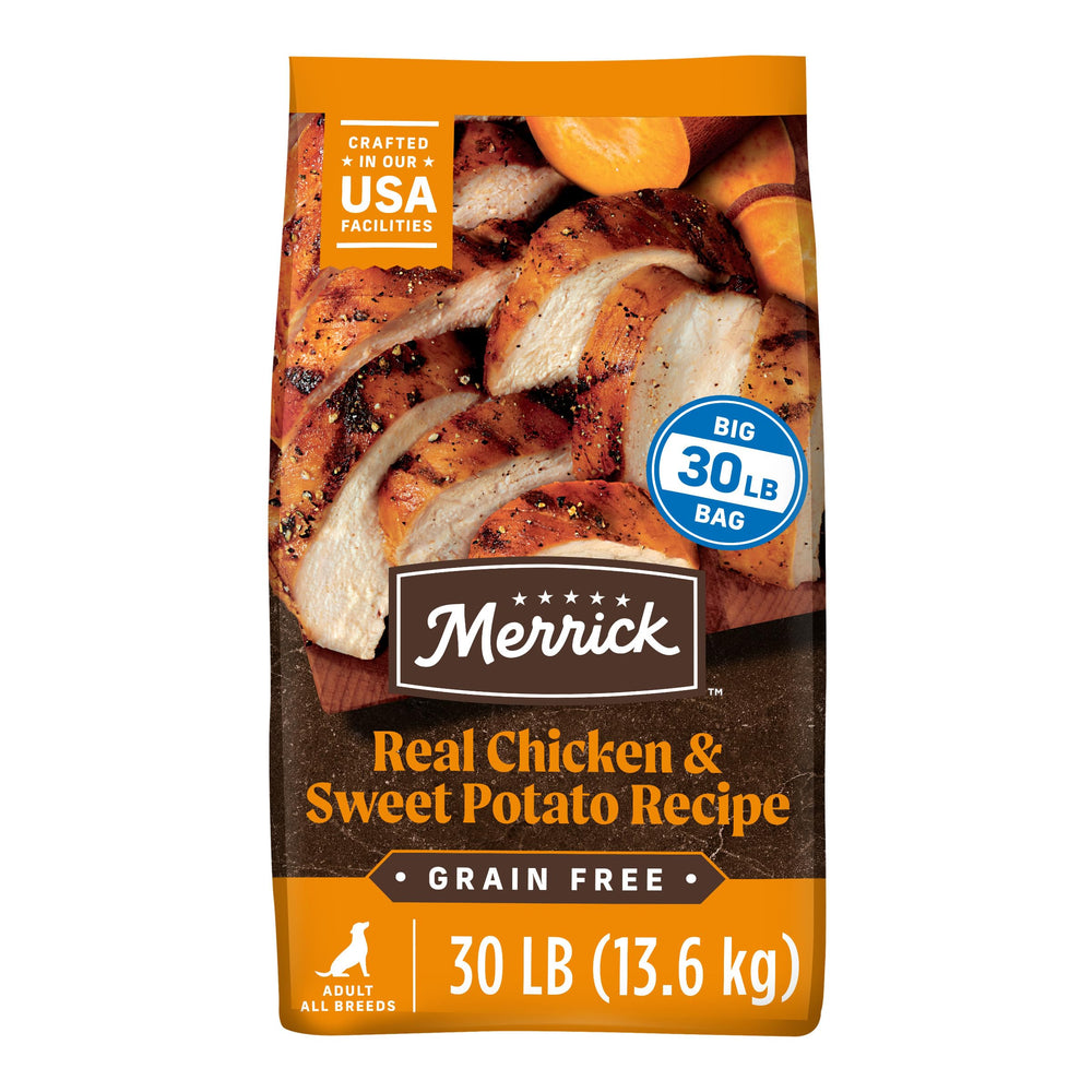 Merrick Premium Grain Free dry dog food front bag showing balanced meals.
