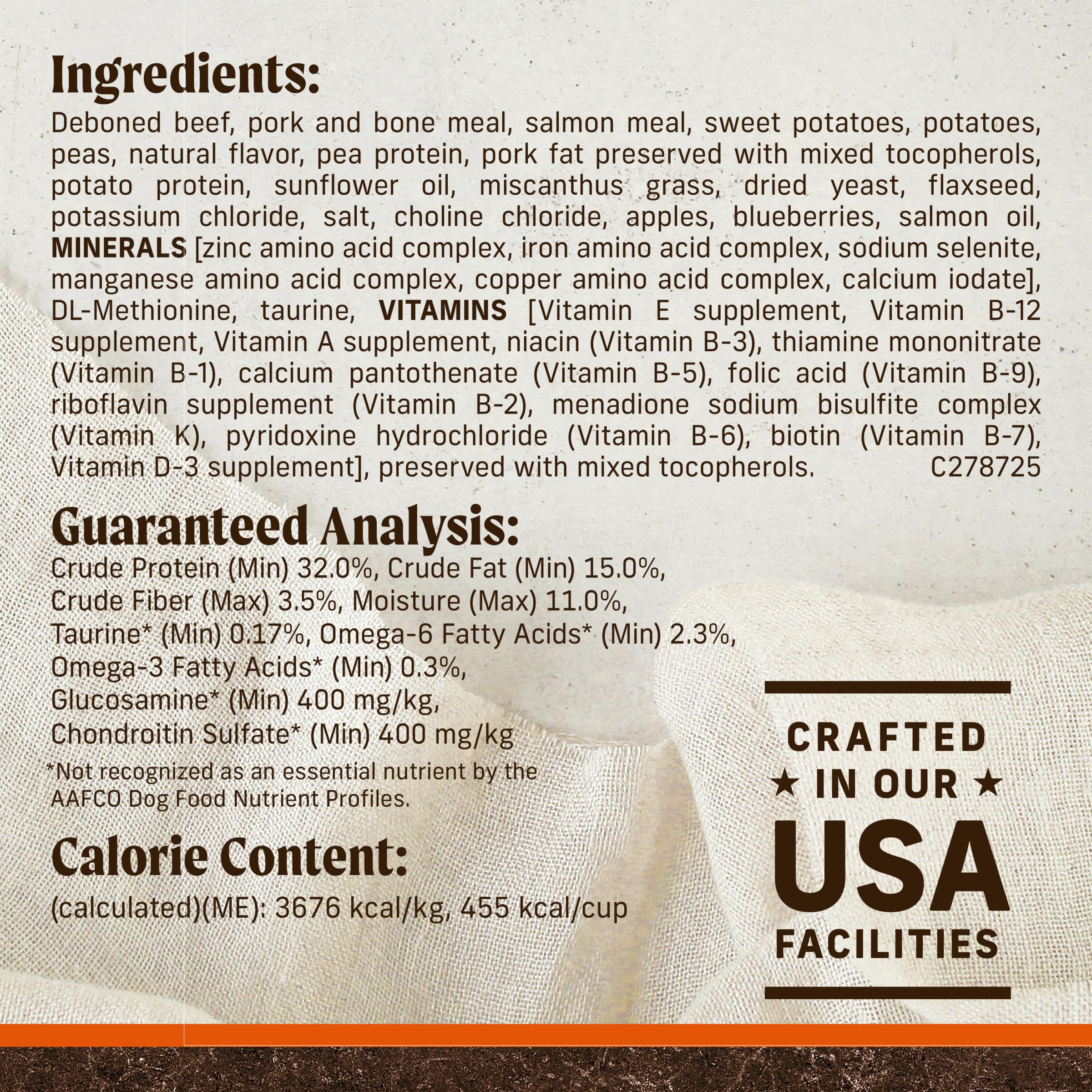 Merrick dog food with omega fatty acids for skin and coat support.