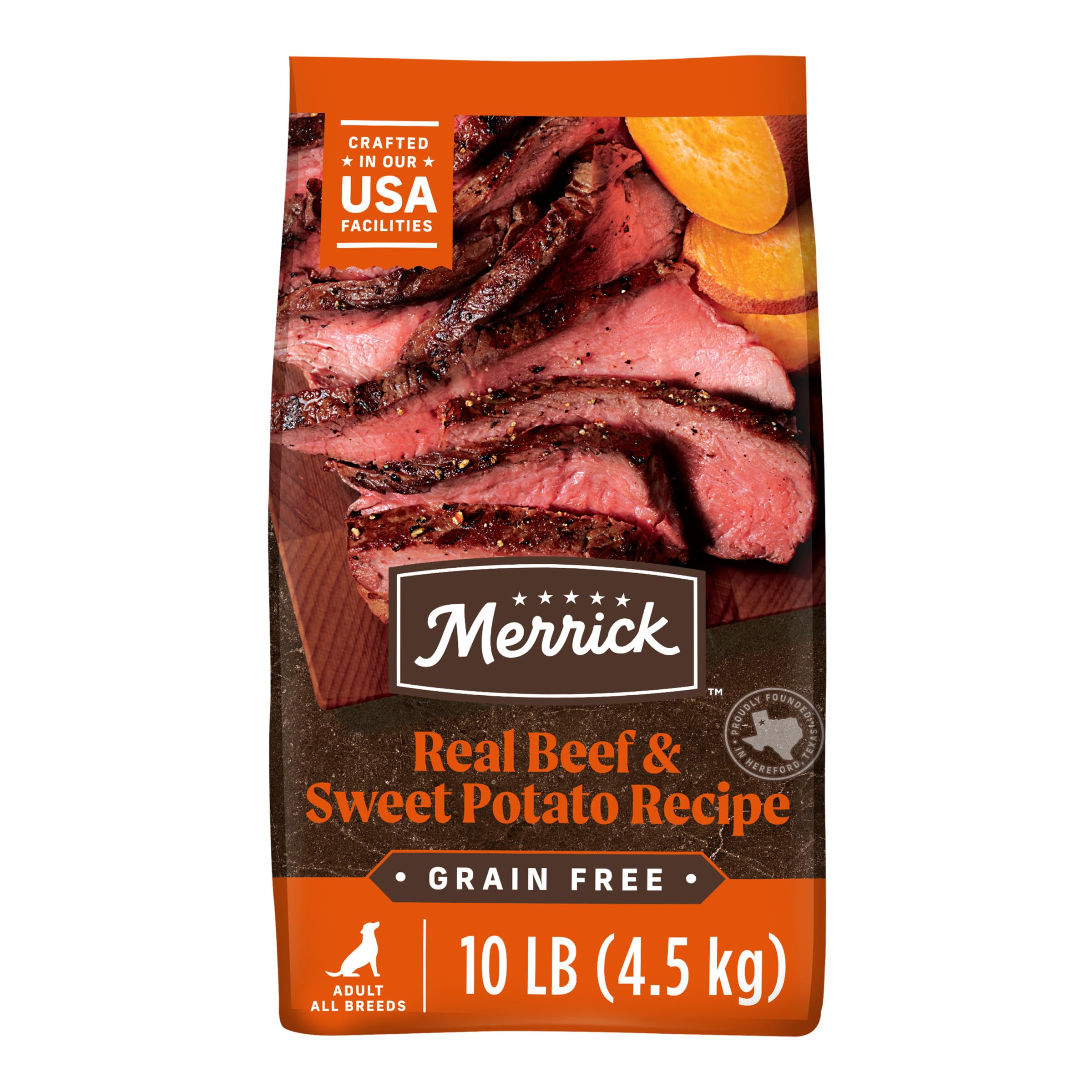 Merrick Premium Grain Free bag front showing real beef as the main ingredient.