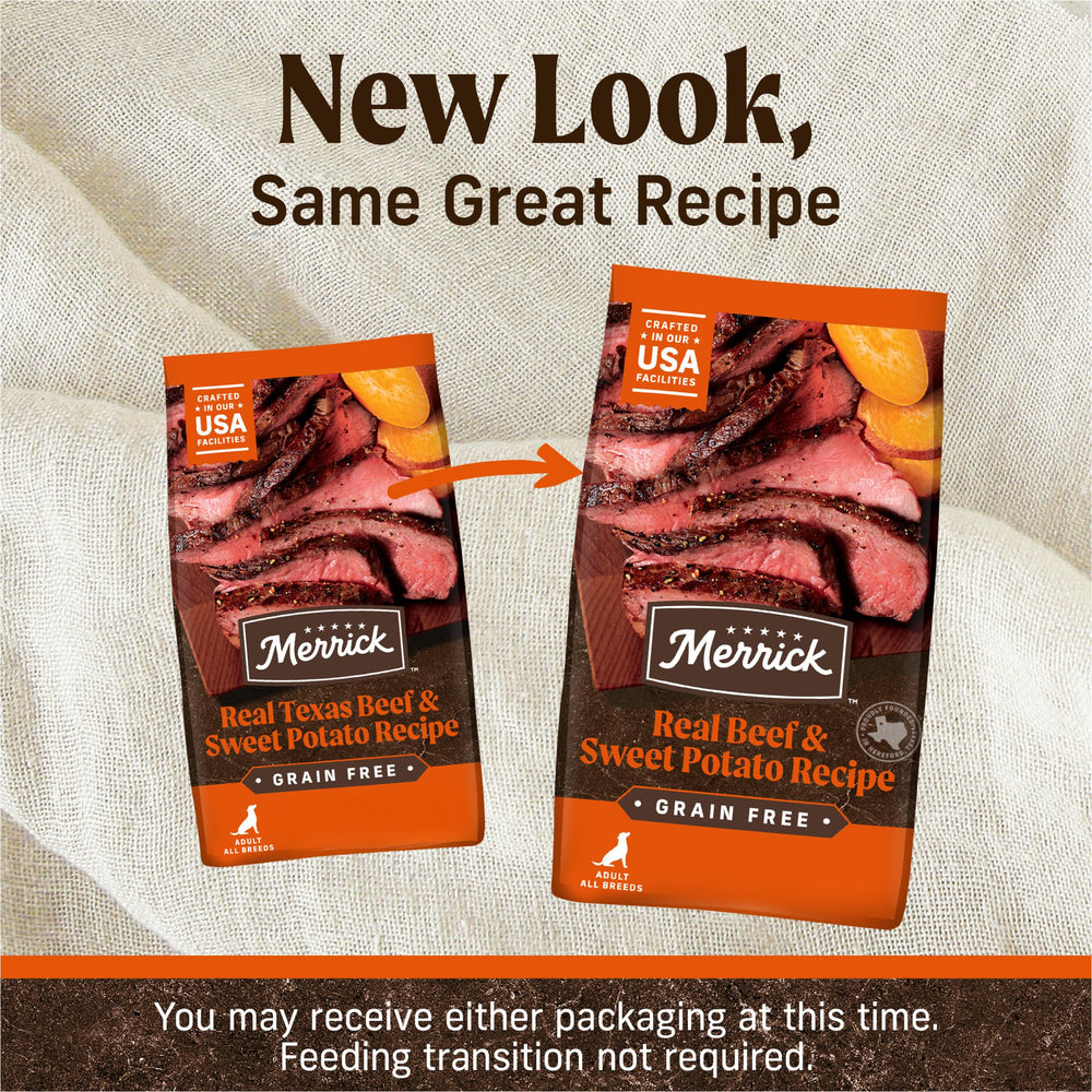 Merrick grain-free kibble close-up with beef chunks and texture.