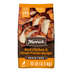 Merrick Premium Grain Free Dry Dog Food bag shows real chicken as first ingredient for energy and balance.