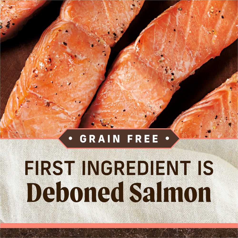 Merrick grain free salmon and sweet potato ingredients illustrate natural, wholesome nutrition