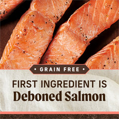 Merrick grain free salmon and sweet potato ingredients illustrate natural, wholesome nutrition