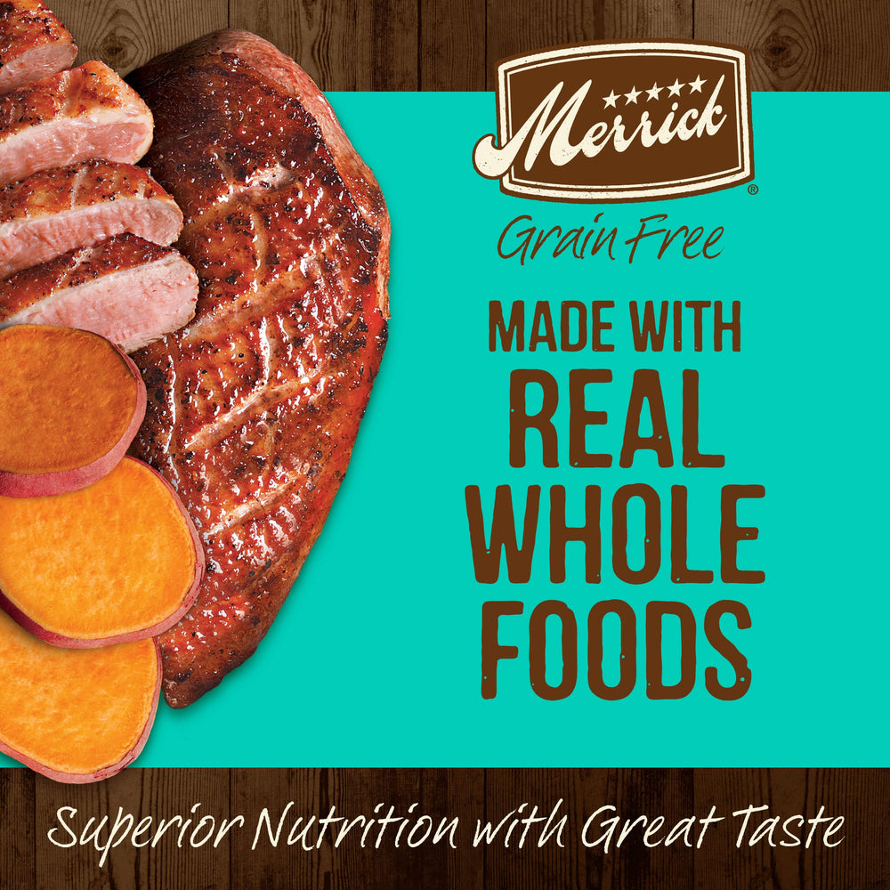 Merrick grain-free kibble with sweet potato, balanced nutrition for dogs