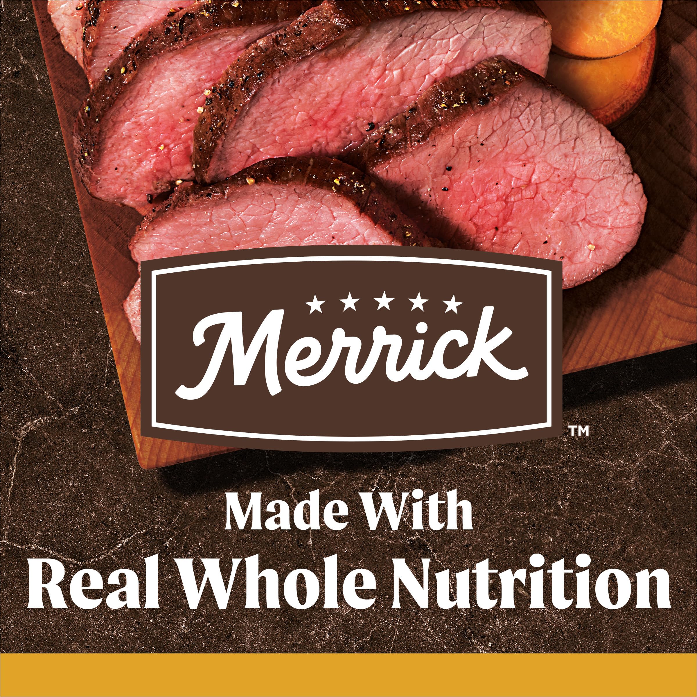 Merrick grain free formula supports dogs with grain sensitivities and balanced nutrition.