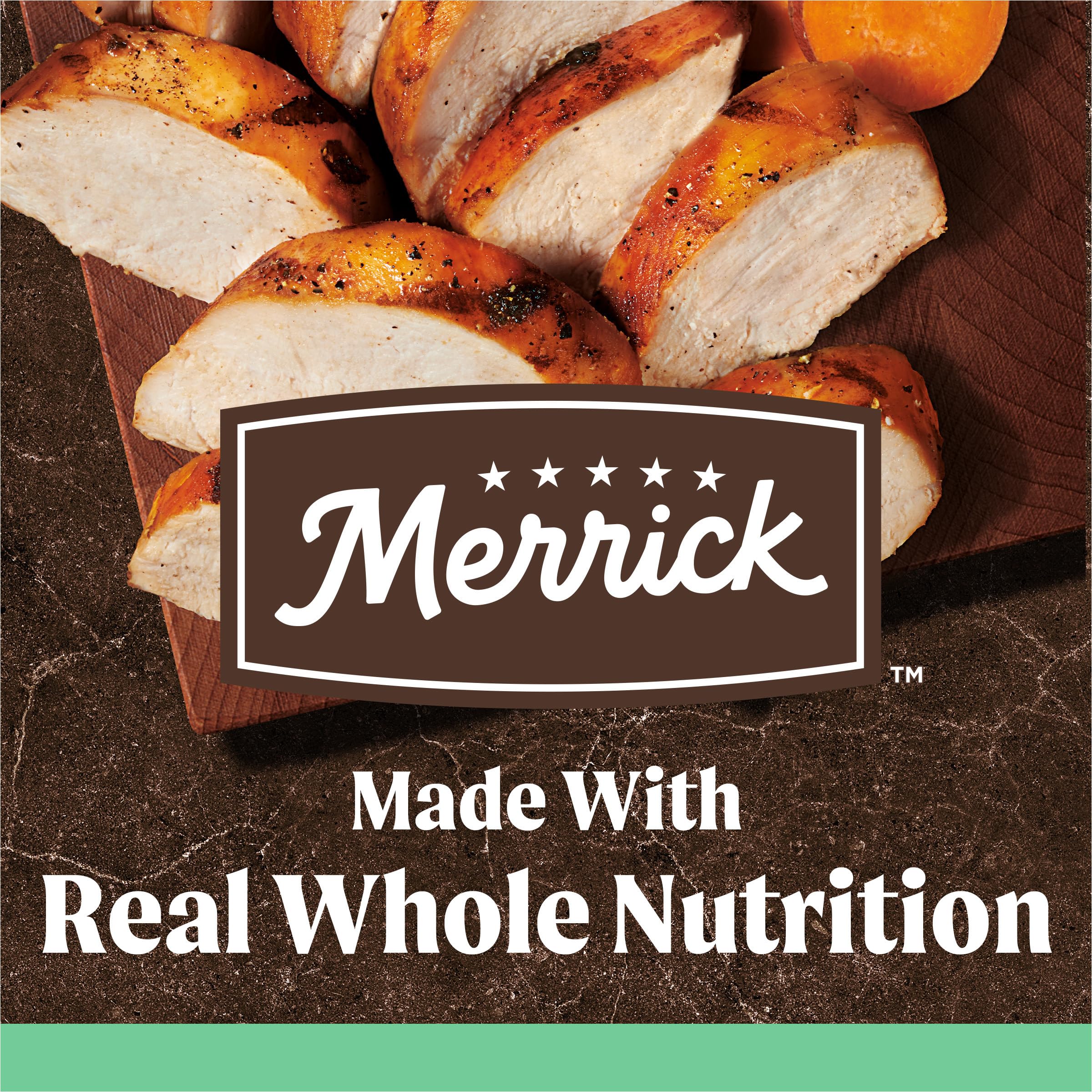 Merrick real chicken and sweet potato on ingredient panel indicating high-protein, grain-free nutrition