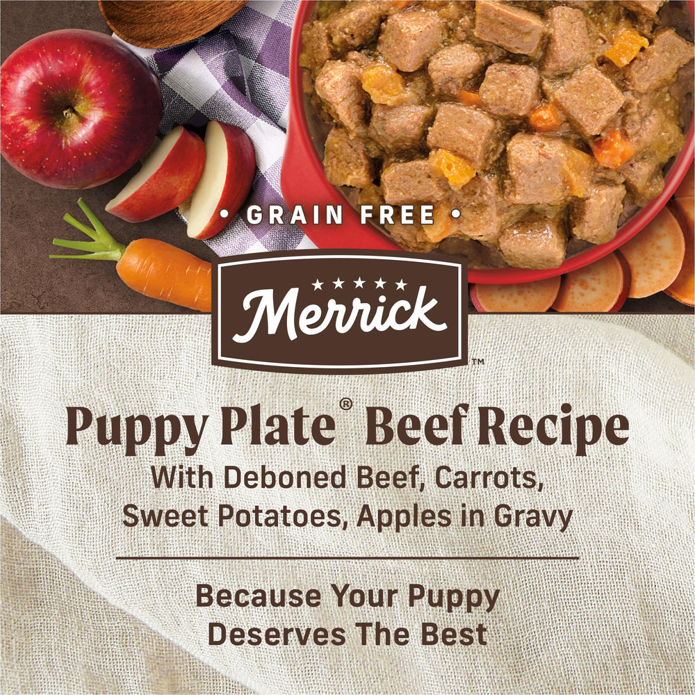 Merrick Puppy Plate real deboned beef chunks close-up