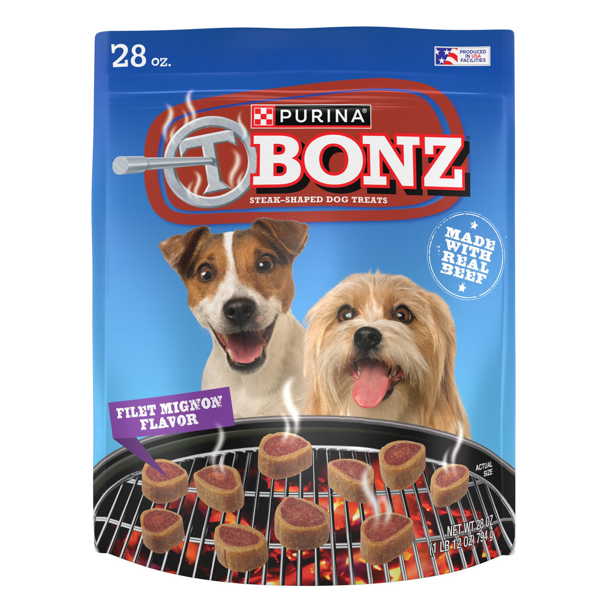 Merrick Purina T-Bonz Filet Mignon treats front pouch view; real beef snack