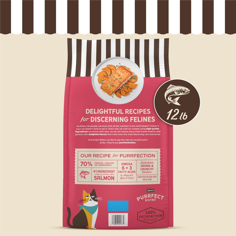 Merrick Purrfect Bistro bag-size-12lb indicates a convenient dry food option.