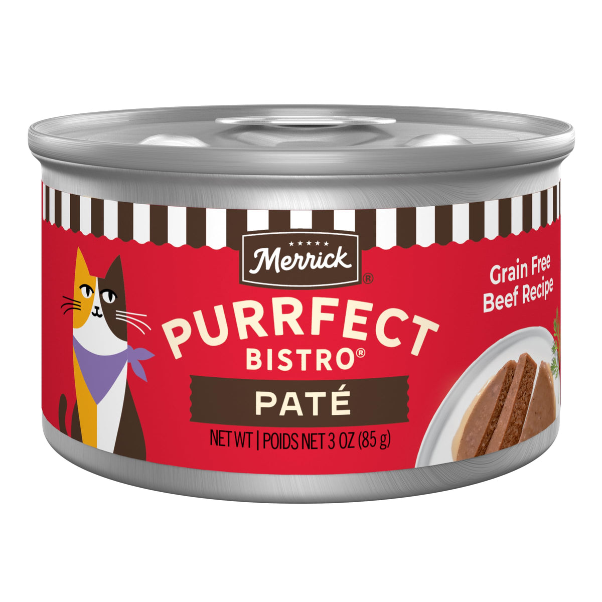 Merrick Purrfect Bistro beef pate cans ready for a protein-rich meal.
