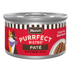Merrick Purrfect Bistro beef pate cans ready for a protein-rich meal.