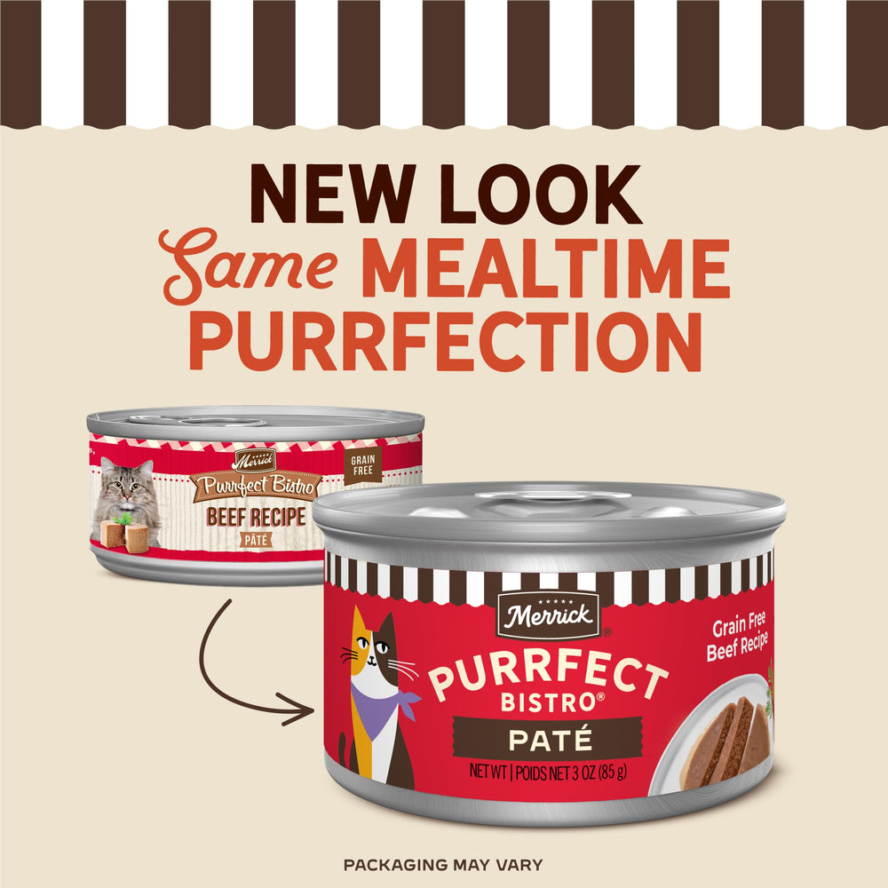Close-up of Merrick Purrfect Bistro beef pate texture on a can lid.