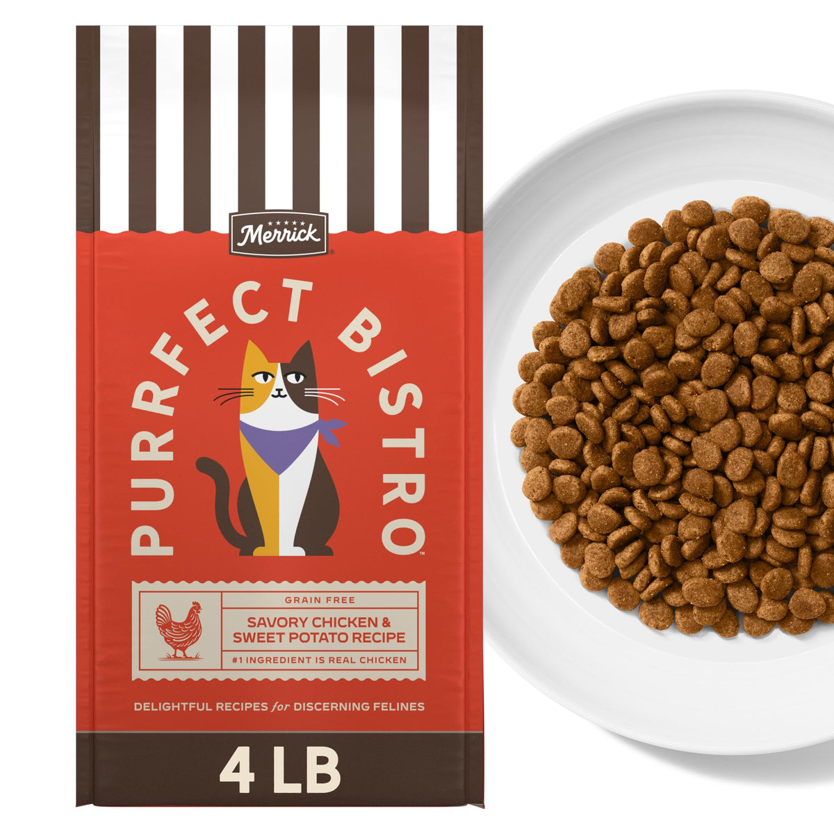 Merrick Purrfect Bistro chicken and sweet potato kibble in a cat bowl for balanced adult cat nutrition.