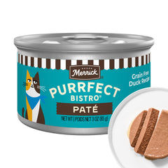 Merrick Purrfect Bistro duck pate bowl for grain-free, high-protein meals.