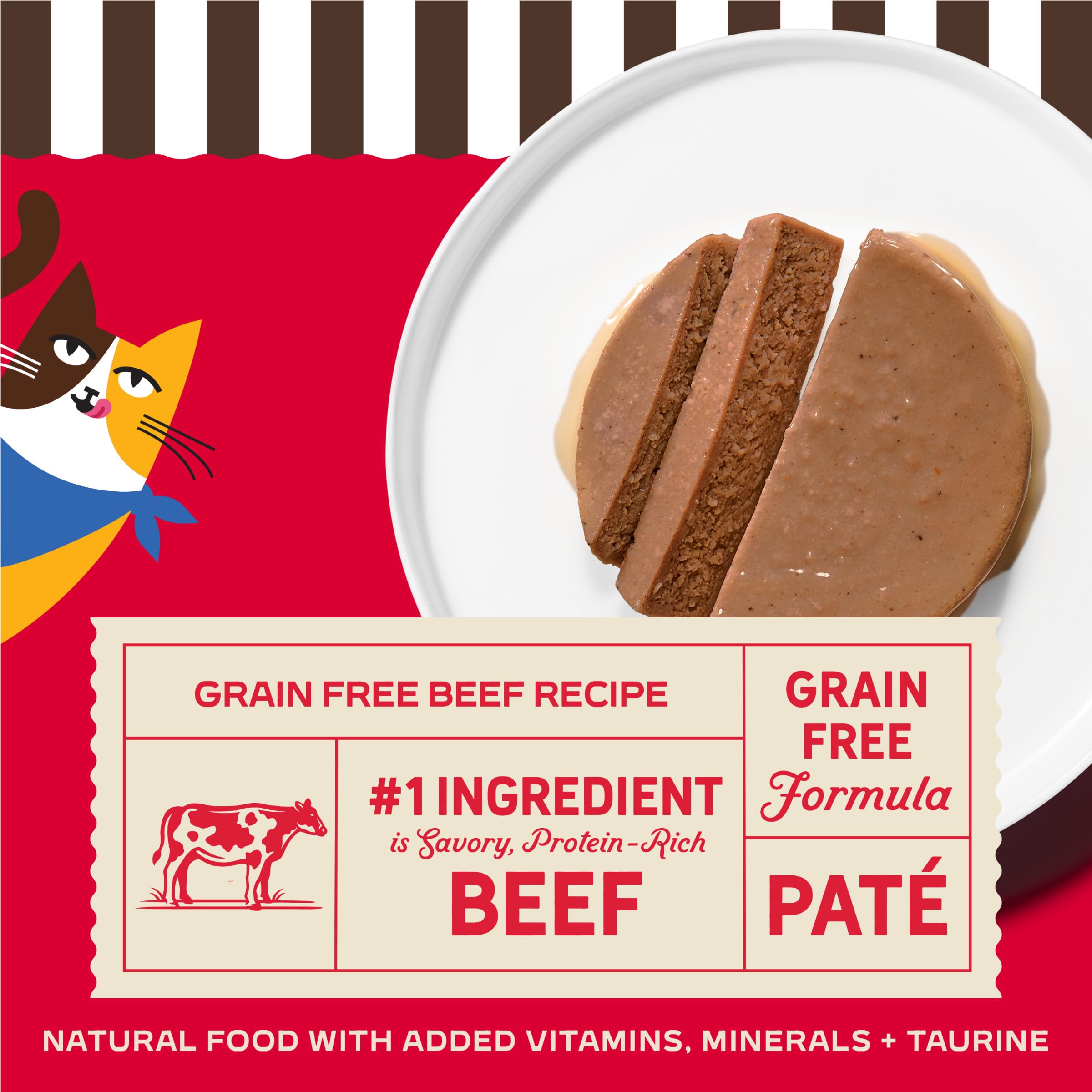 Merrick Purrfect Bistro grain-free label highlights no wheat, corn, or soy.