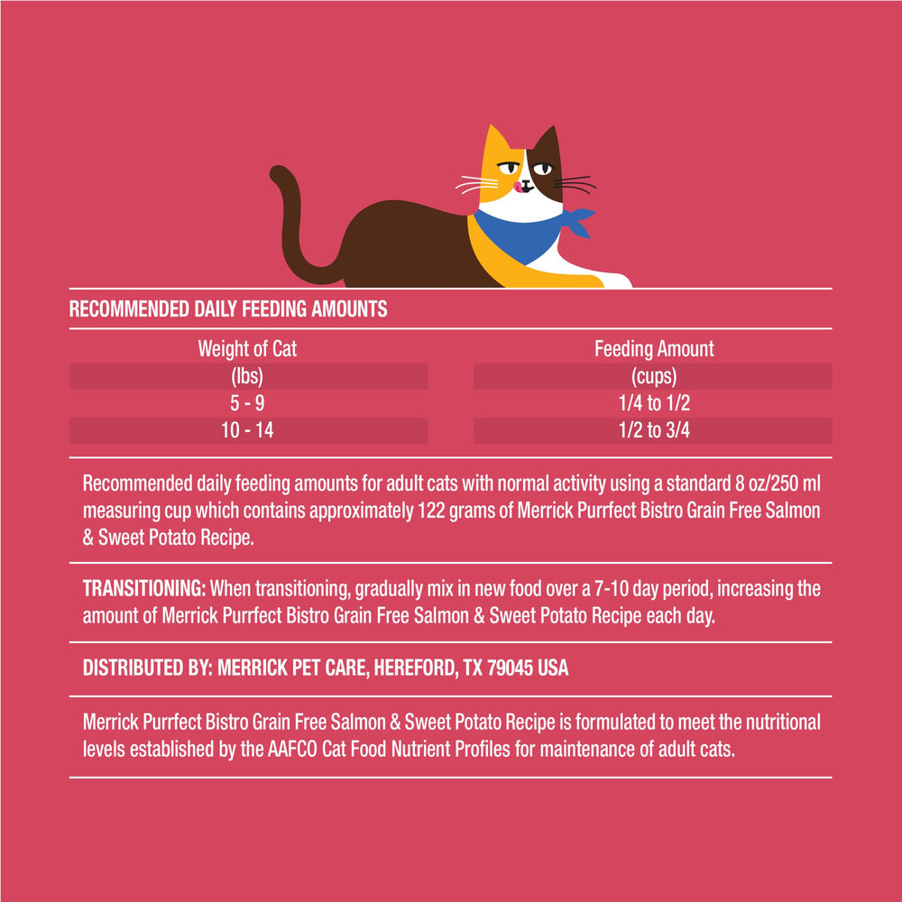 Merrick Purrfect Bistro grain-free-label signals no corn, wheat, or soy.