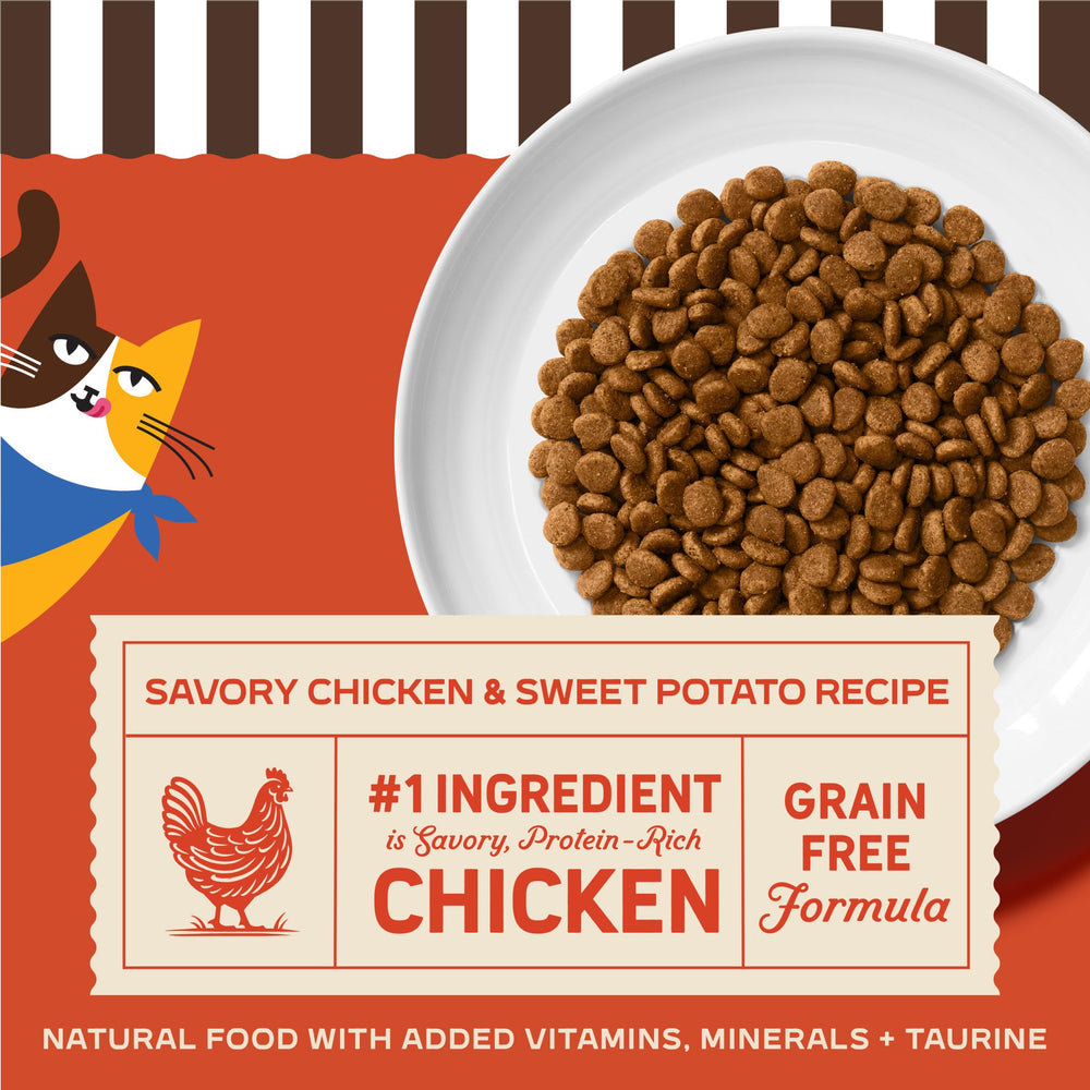 Merrick Purrfect Bistro grain-free recipe image communicates no corn or wheat in the formula.