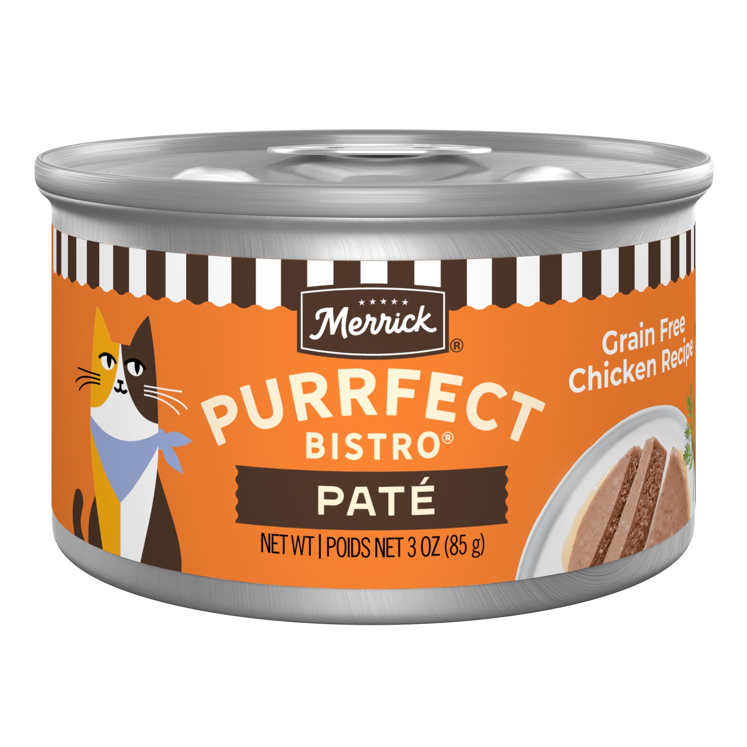 Merrick Purrfect Bistro chicken pate can front view highlighting grain-free formula for cats