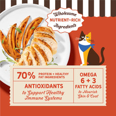 Merrick Purrfect Bistro kibble close-up shows real chicken as first ingredient for protein.