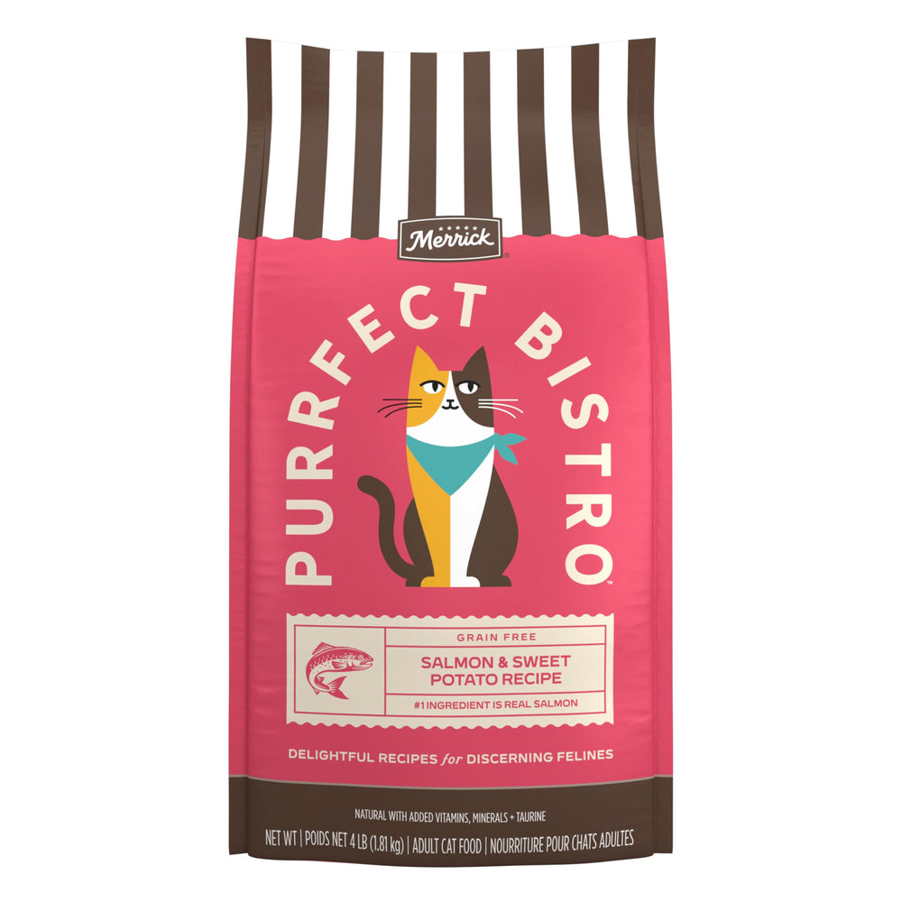 Close-up of Merrick Purrfect Bistro kibble showing a crisp texture.