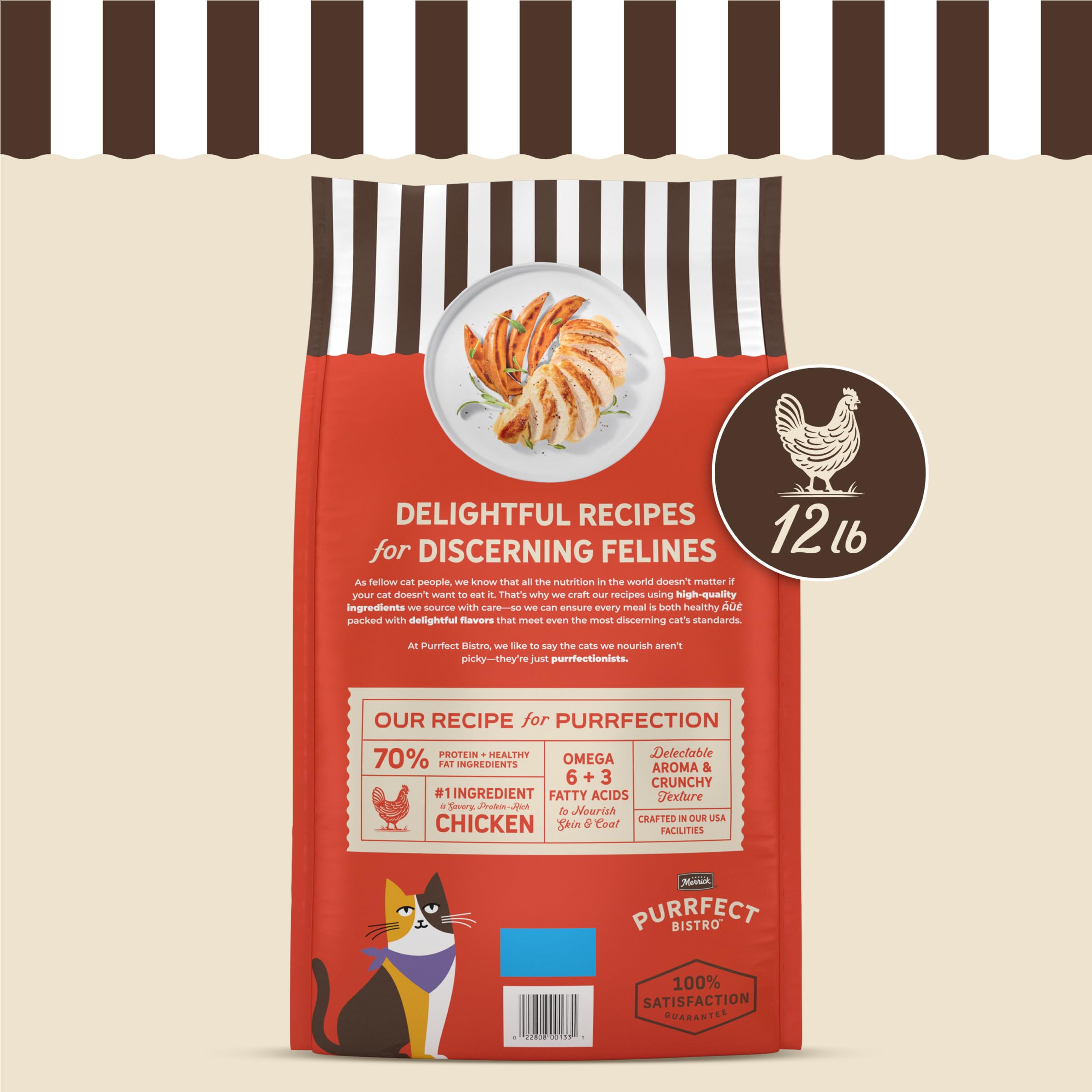 Merrick Purrfect Bistro logo with kibble bowl emphasizes high-protein cat food for active pets.