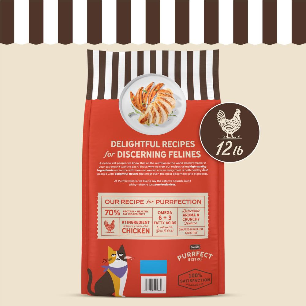Merrick Purrfect Bistro logo with kibble bowl emphasizes high-protein cat food for active pets.