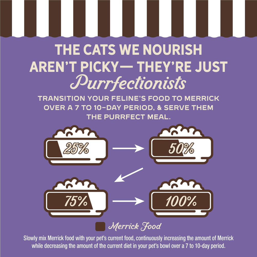 No corn, wheat, or soy in Merrick Purrfect Bistro grain-free formula.