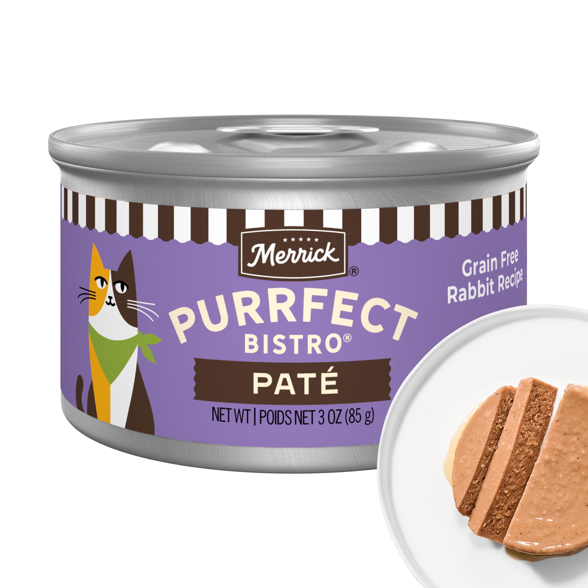 Merrick Purrfect Bistro Rabbit Pate can front showing grain-free option for cats.