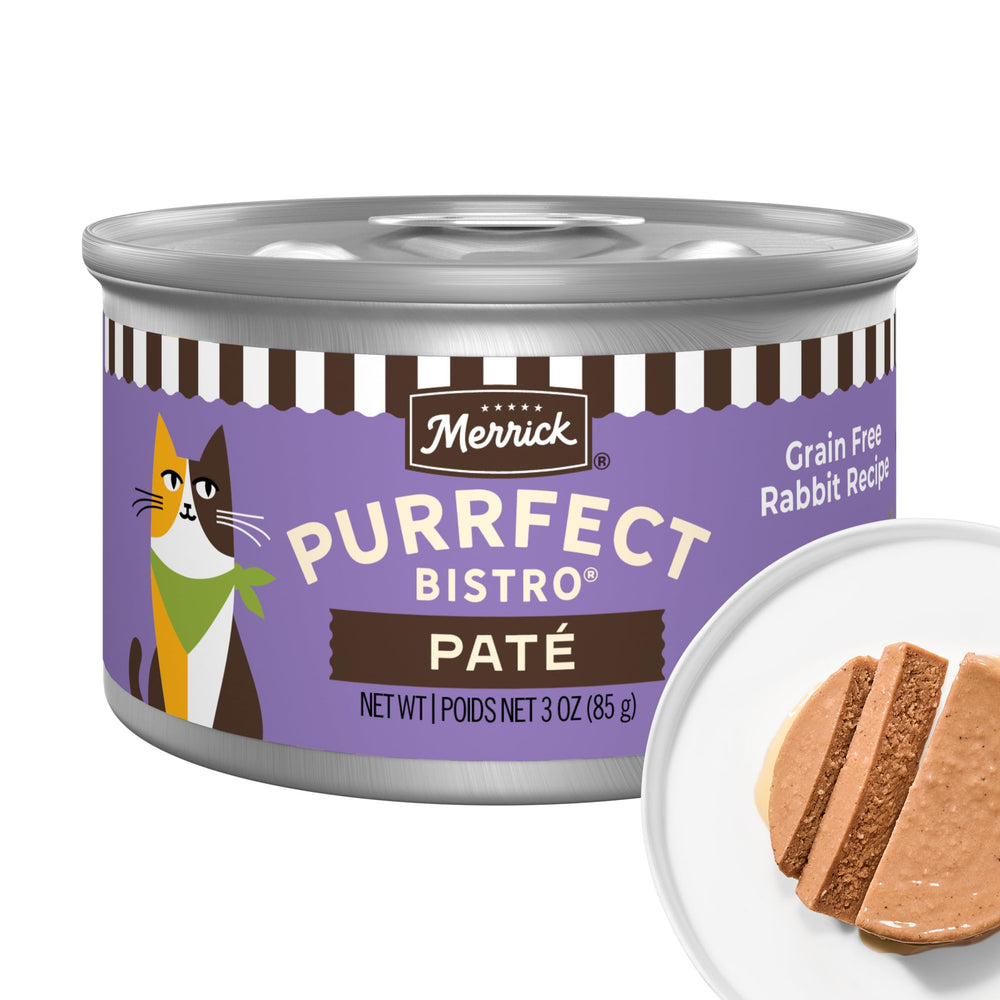 Merrick Purrfect Bistro Rabbit Pate can front showing grain-free option for cats.