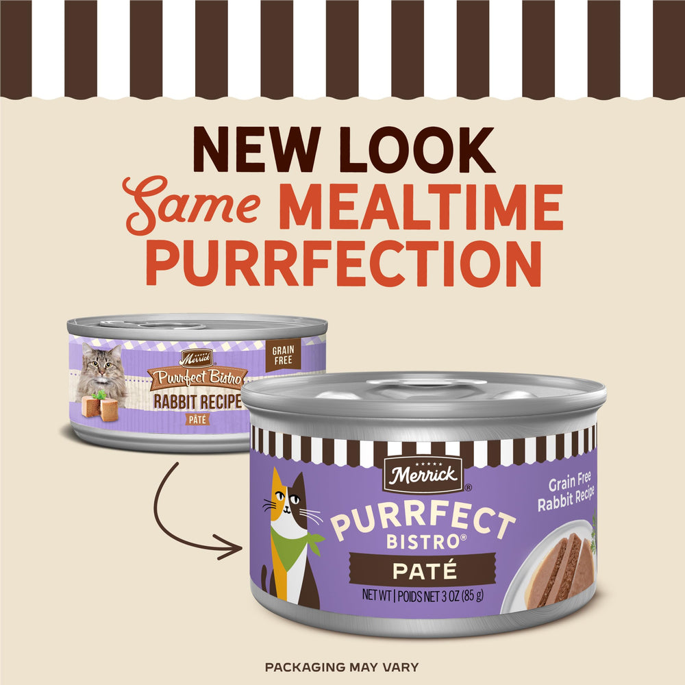 Merrick Purrfect Bistro Rabbit Pate texture closeup highlights smooth, palatable pate.