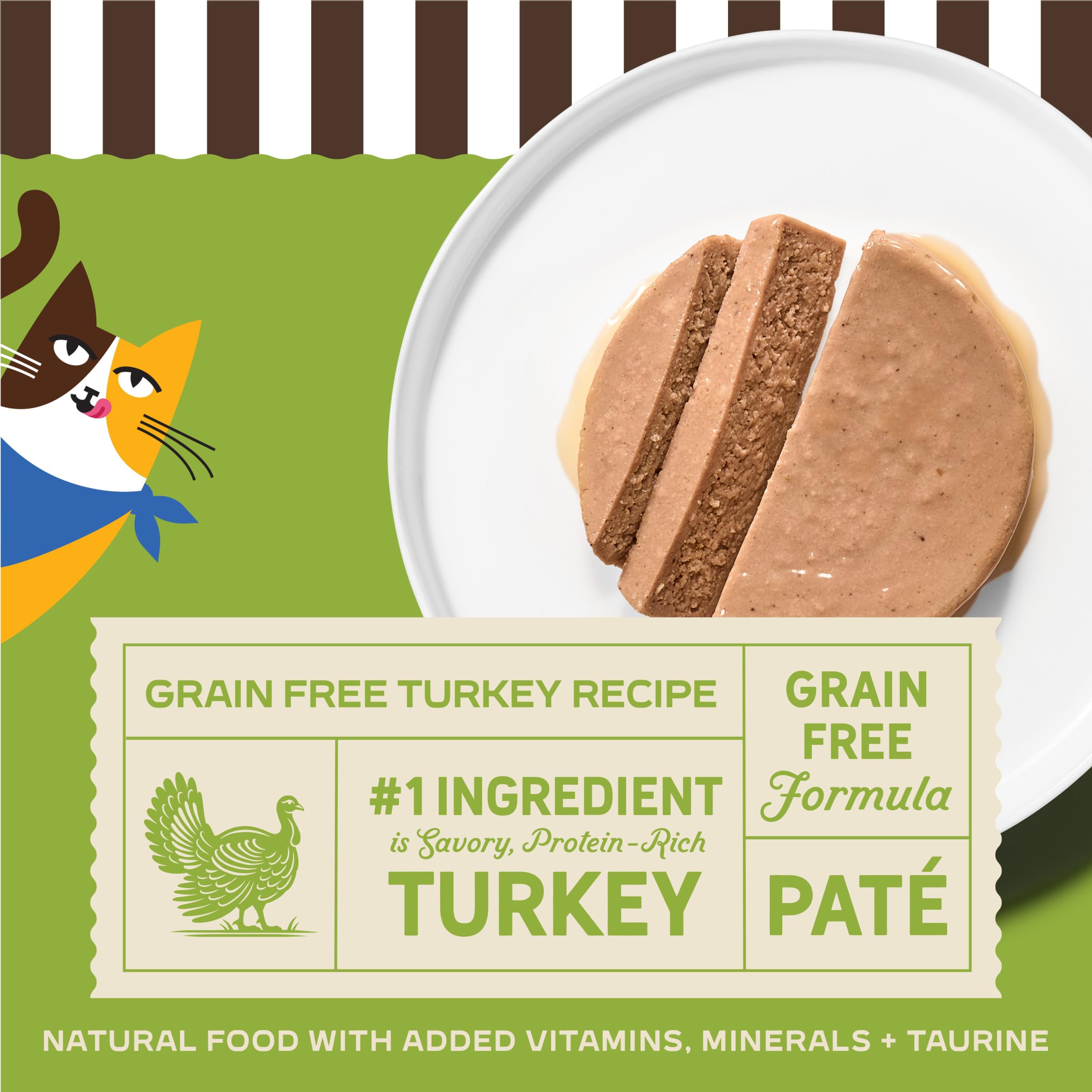 Merrick Purrfect Bistro pate close-up emphasizing high protein turkey formula