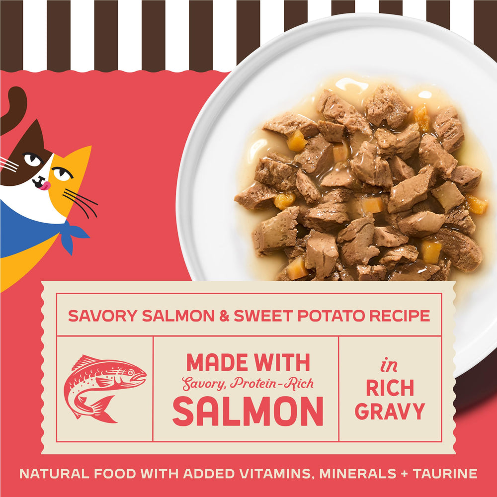 Merrick Purrfect Bistro salmon chunks in gravy provide palatable flavor