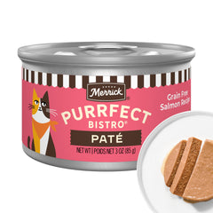 Merrick Purrfect Bistro Salmon Pate foreground-serve, a high-protein cat meal.