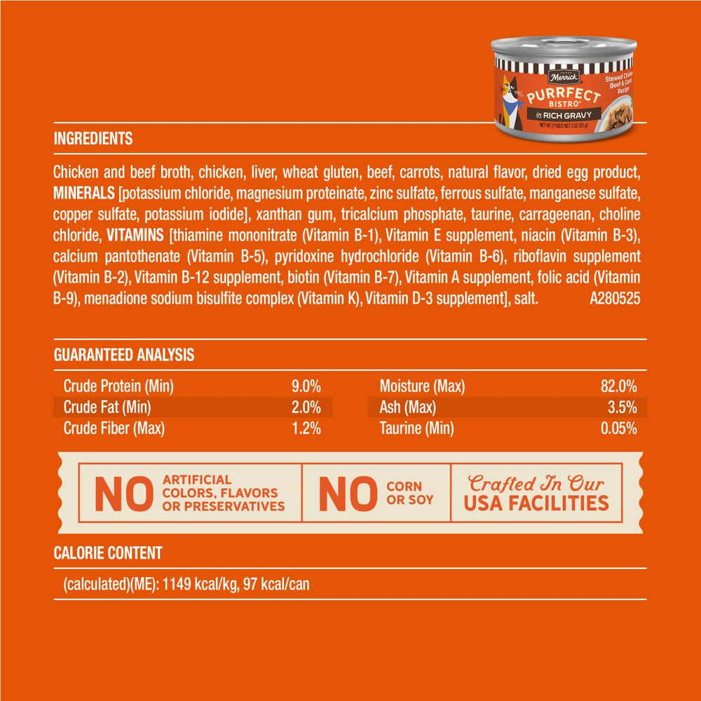 Merrick Purrfect Bistro taurine and vitamins for balanced nutrition.