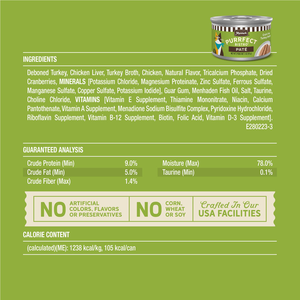 Merrick Purrfect Bistro turkey pate with smooth texture ideal for picky eaters
