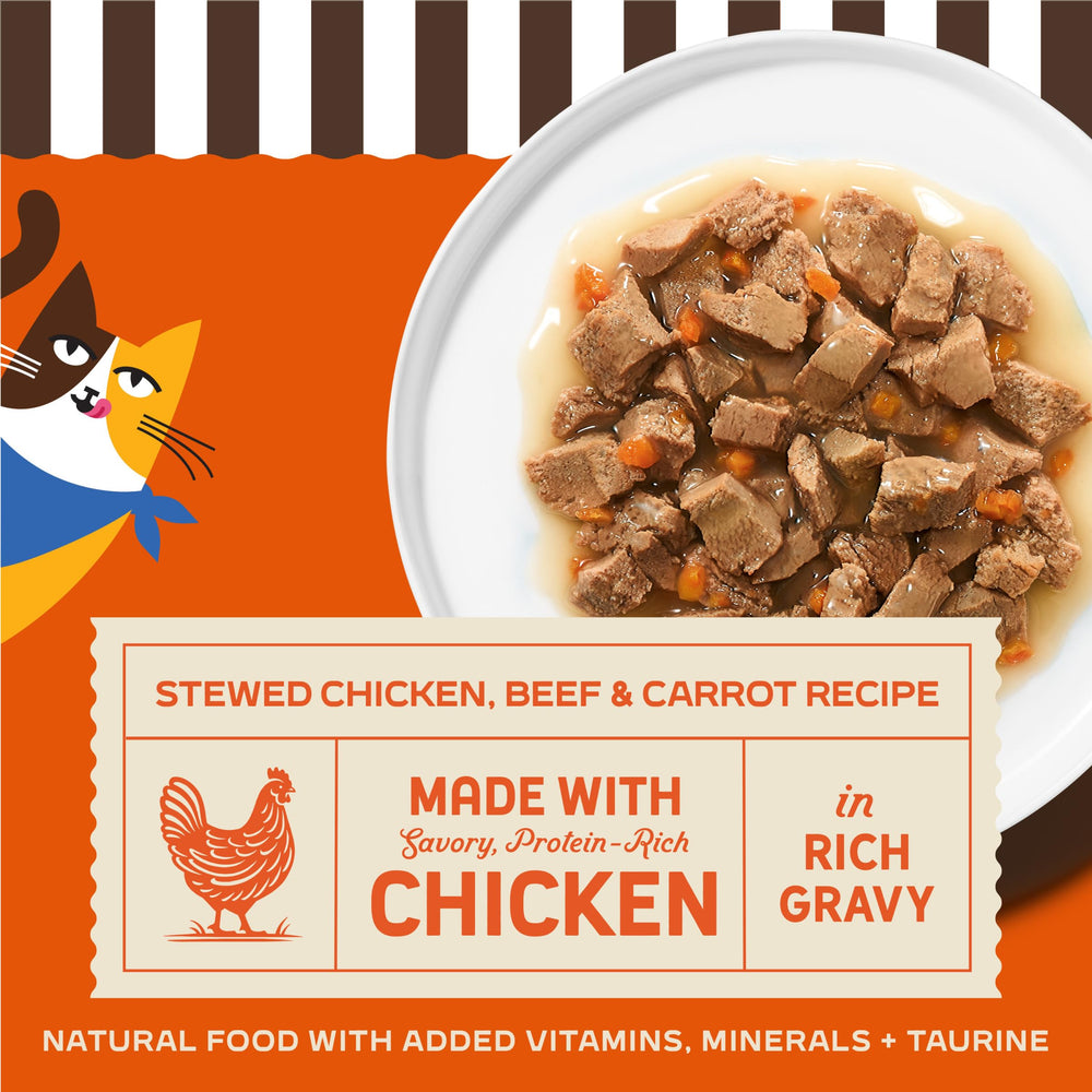Merrick Purrfect Bistro wet cat food in gravy with real chicken.