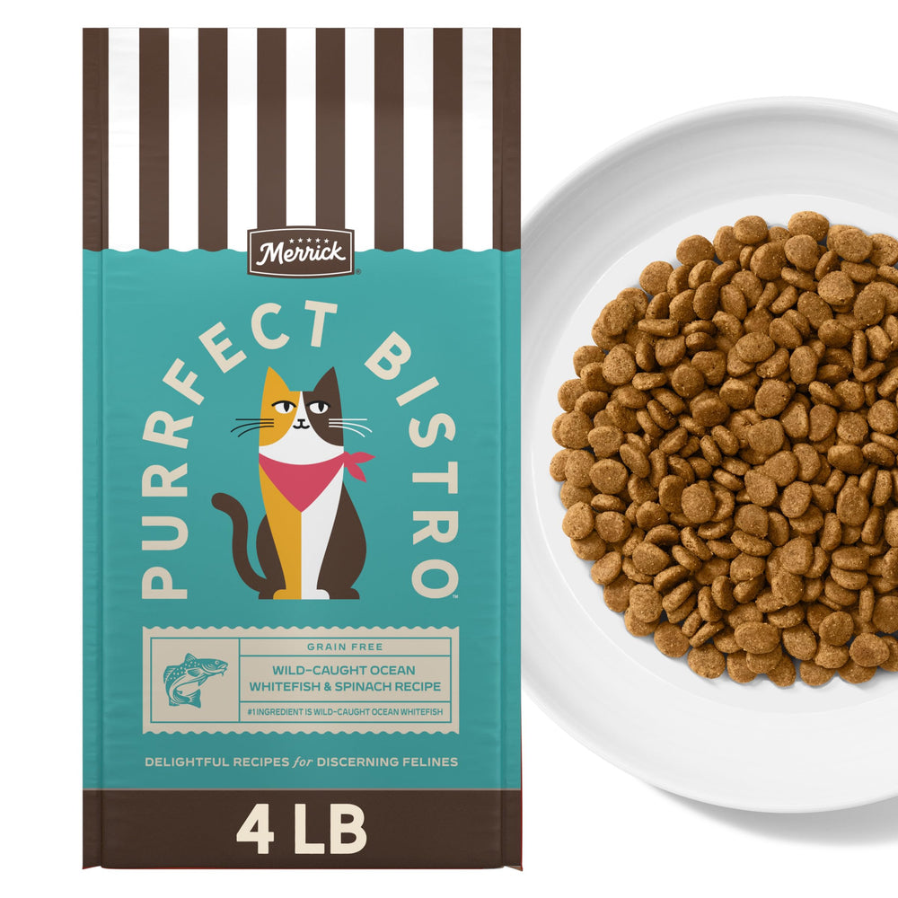 Merrick Purrfect Bistro bowl with wild-caught ocean whitefish for active cats.
