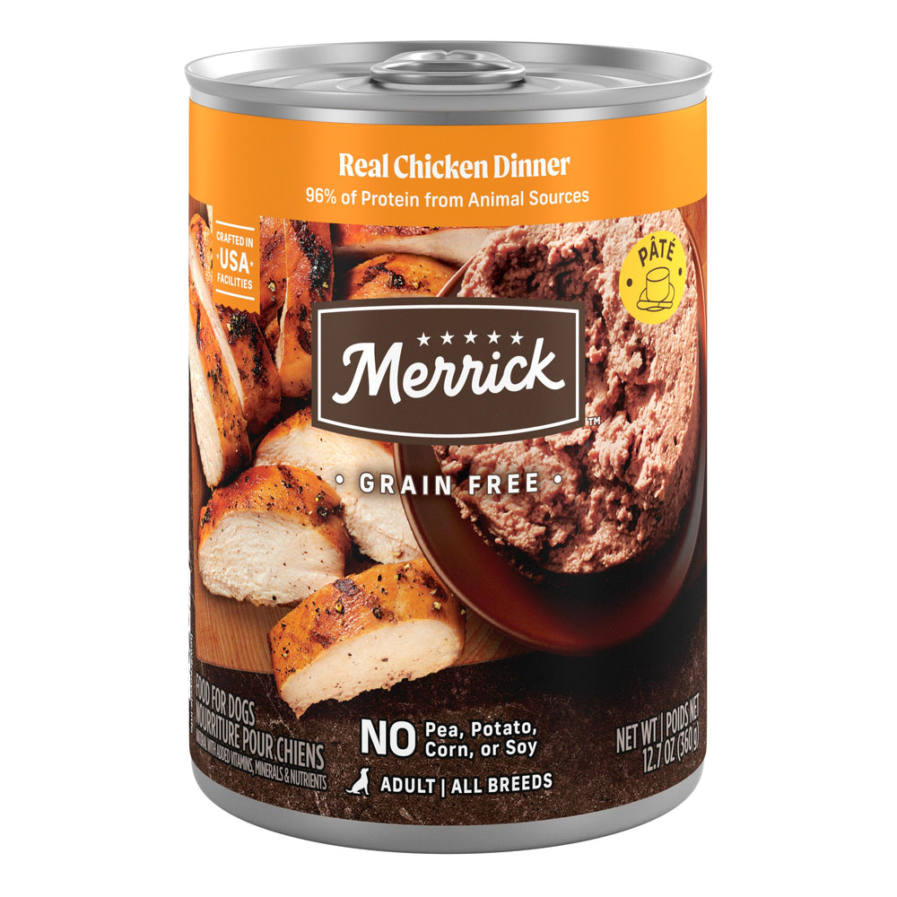 Merrick Real Chicken Dinner canned dog food front view for quick meals