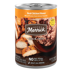 Merrick Real Chicken Dinner canned dog food front view for quick meals