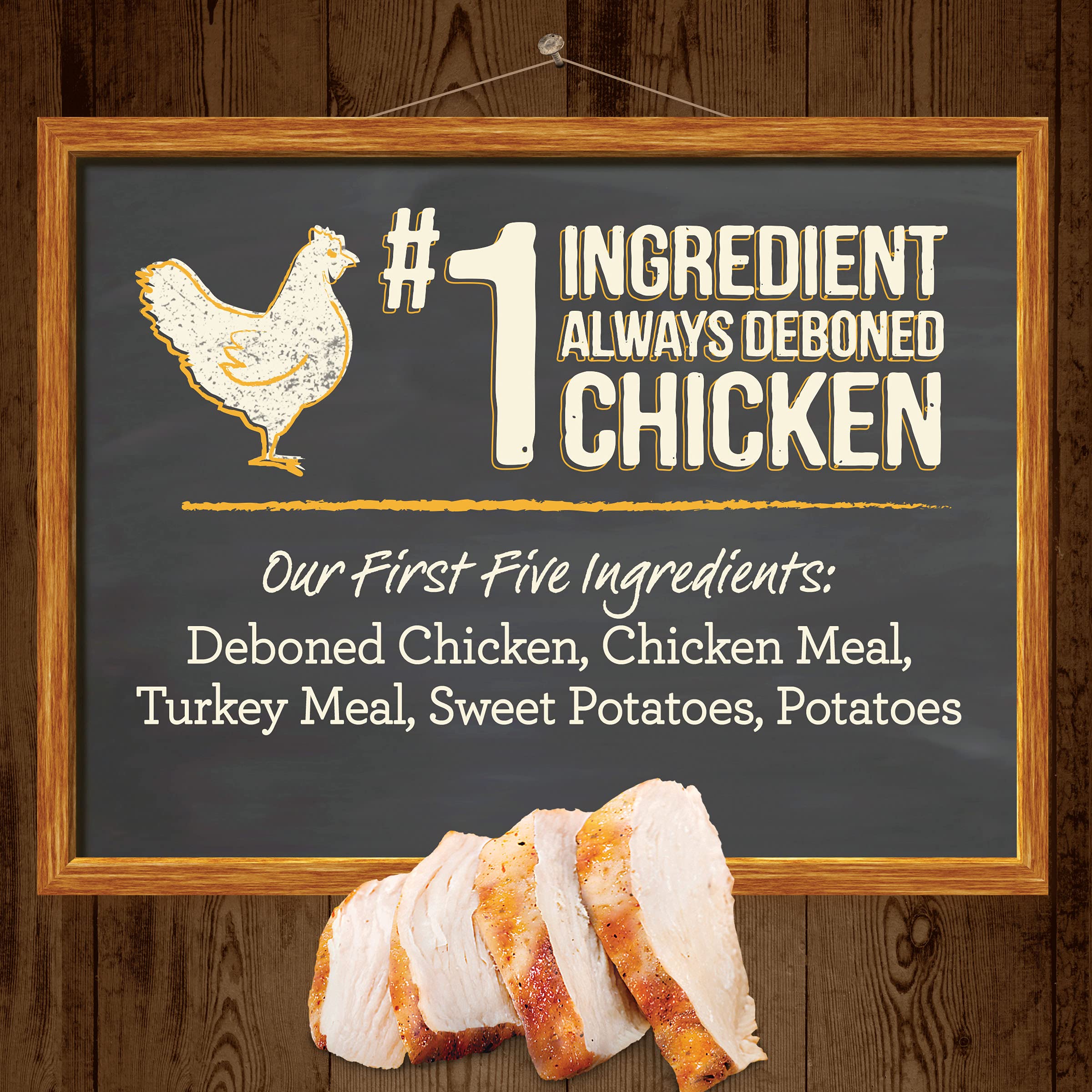 Merrick real chicken first ingredient highlights high-protein diet