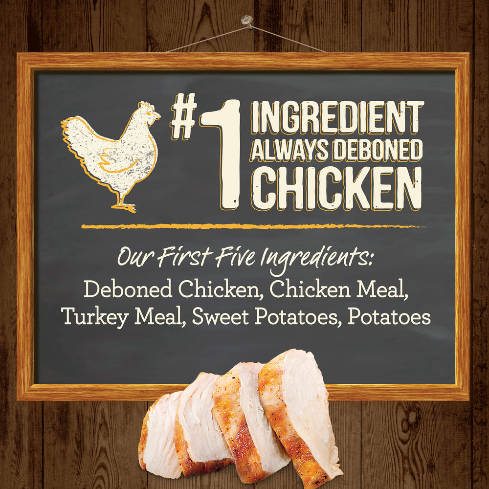 Merrick real chicken first ingredient highlights high-protein diet