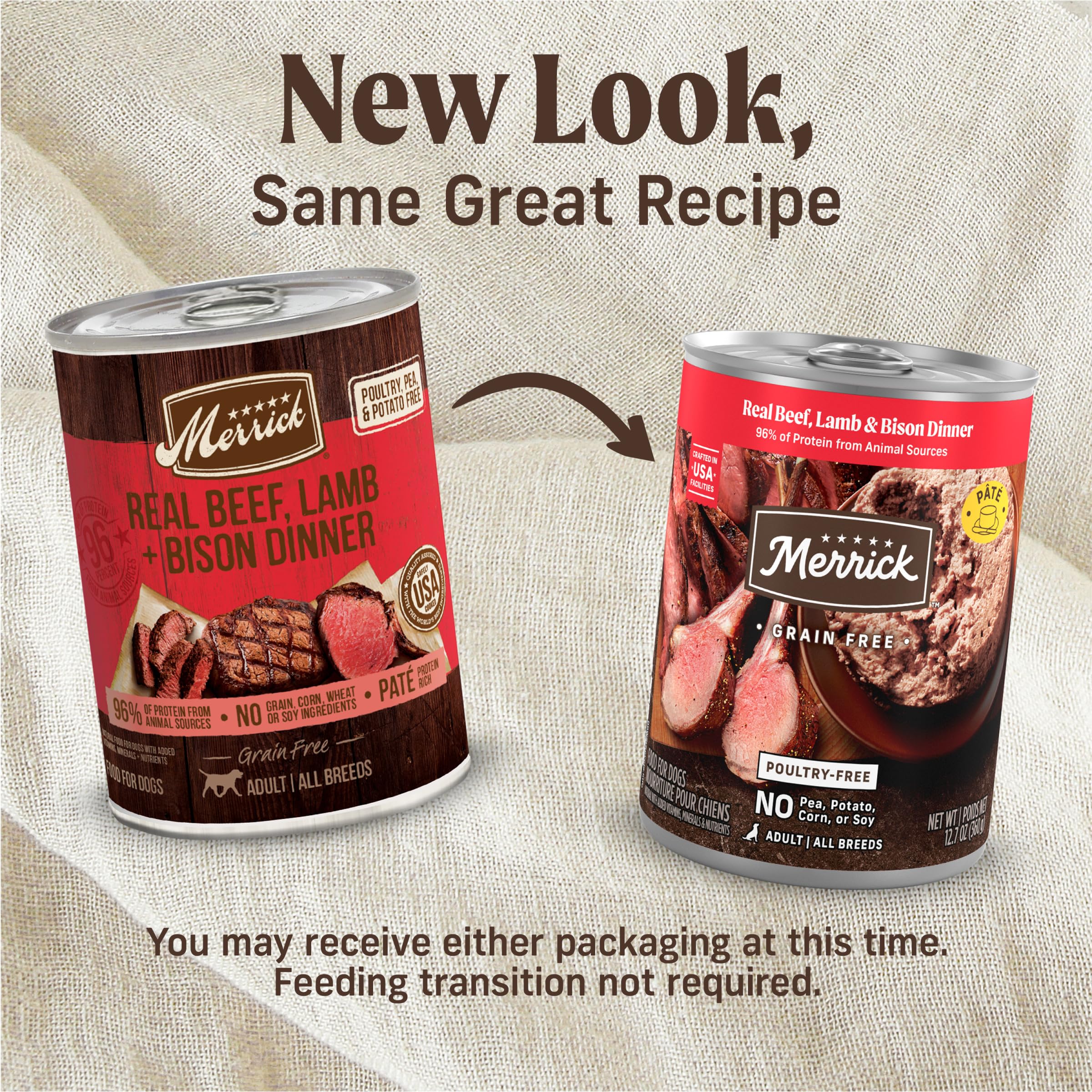 Merrick real deboned beef first ingredient closeup highlights high-quality protein.