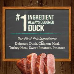 Real deboned duck is the first ingredient in Merrick dog food, lean muscle support