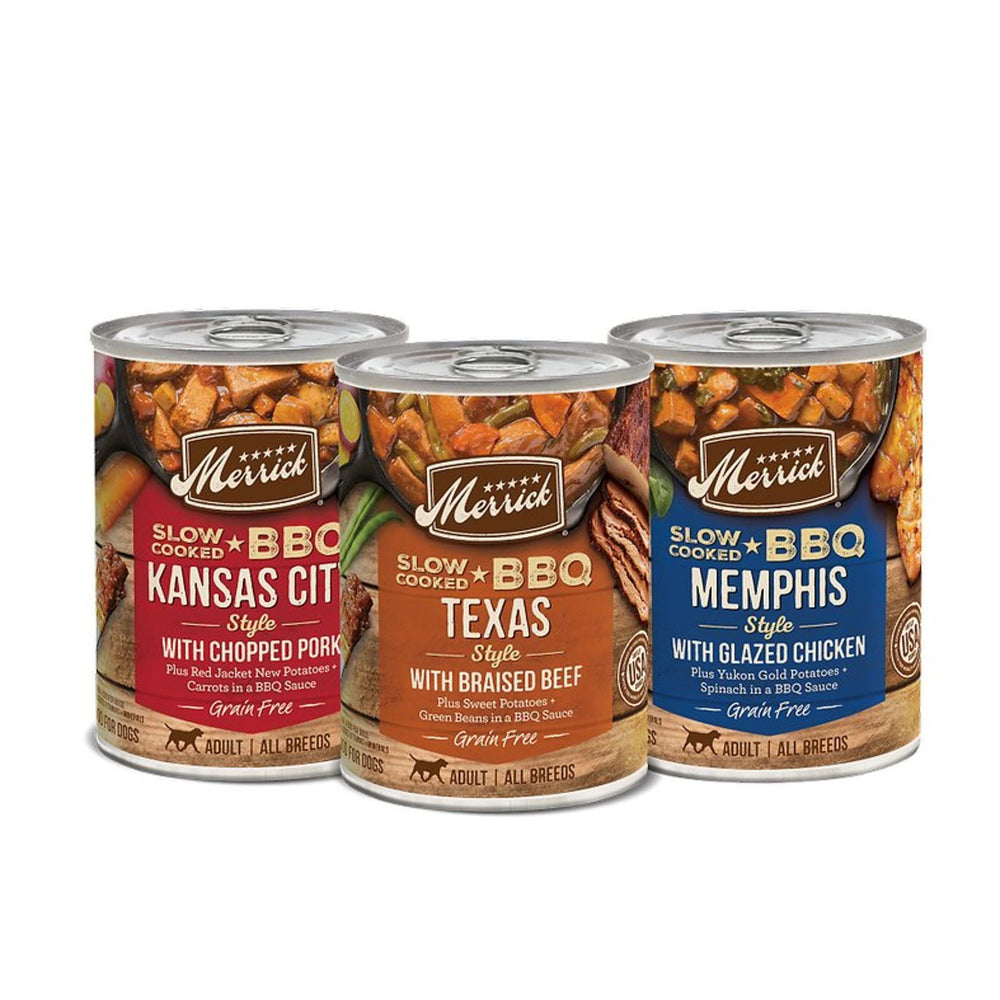 Merrick slow-cooked BBQ beef cans—protein-rich meal for active dogs.